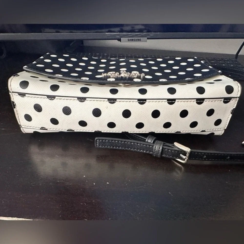Kate Spade‎ Polka Dot Saffiano Leather Crossbody Bag Black White Gold Hardware